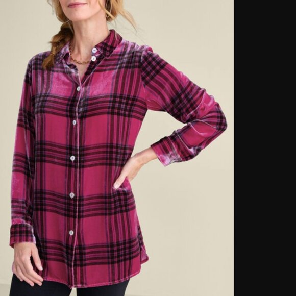 SOFT SURROUNDINGS Velvet Shirt Large Tall Pink Plaid Rayon Silk Button Up Womens - Picture 2 of 11